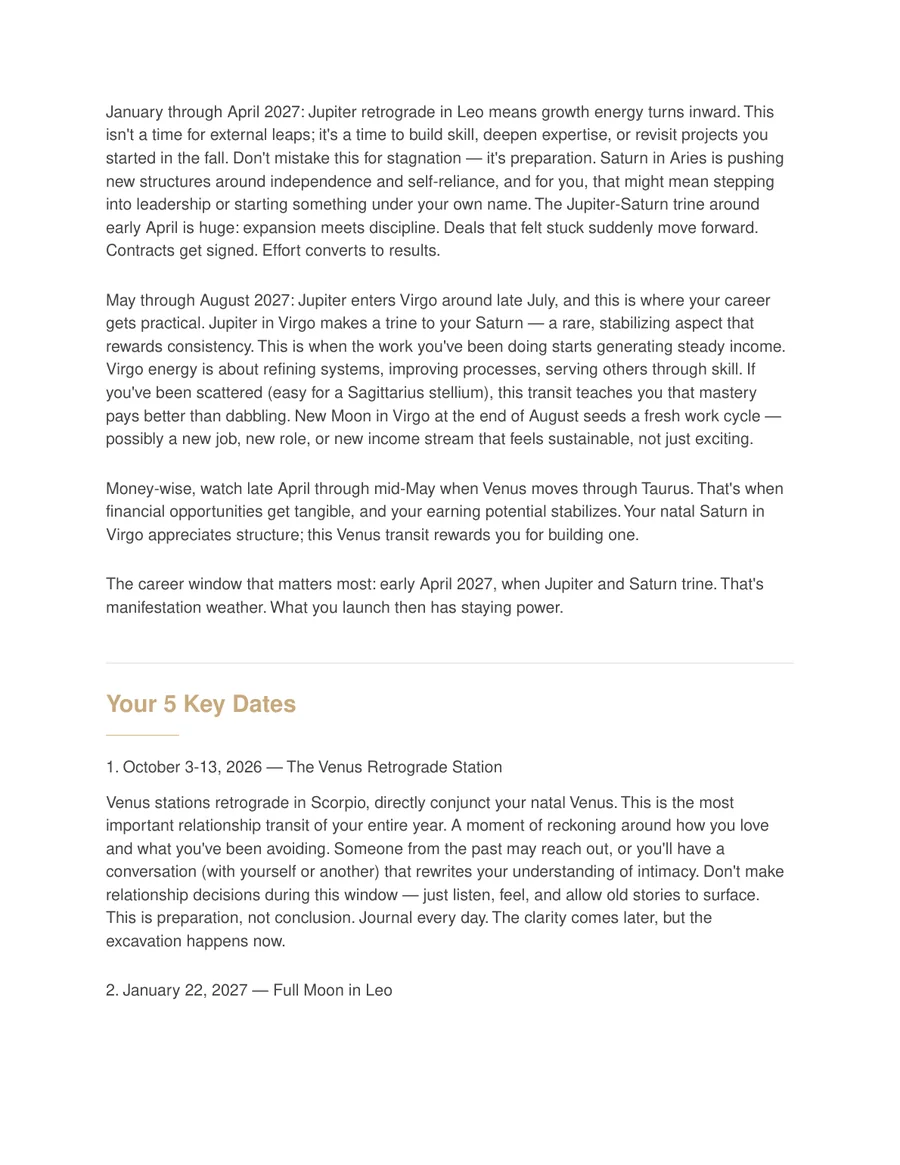Sample Year Ahead report page showing career timing and key dates