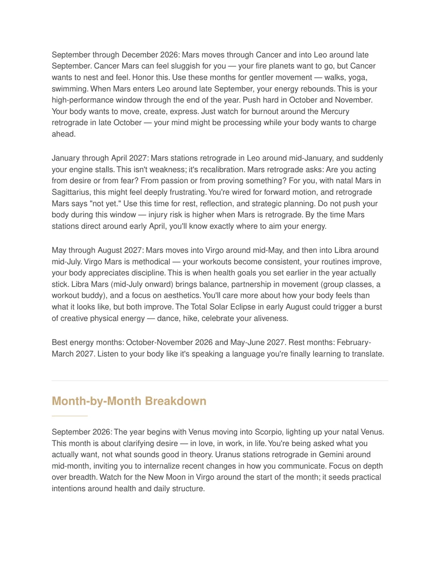 Sample Year Ahead report page showing the month-by-month breakdown